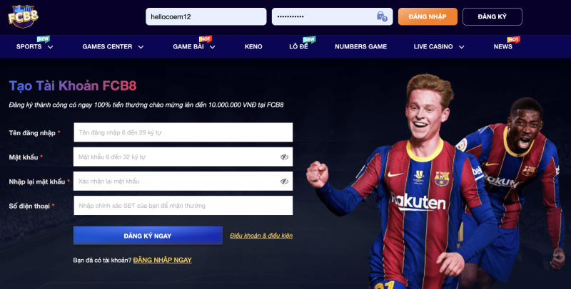 Cách đăng ký/ đăng nhập FCB8