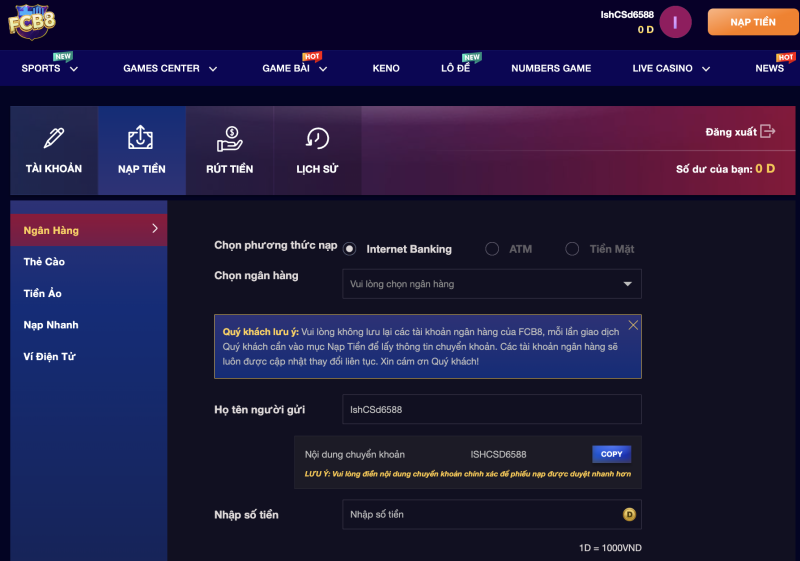Hướng dẫn cách nạp tiền FCB8